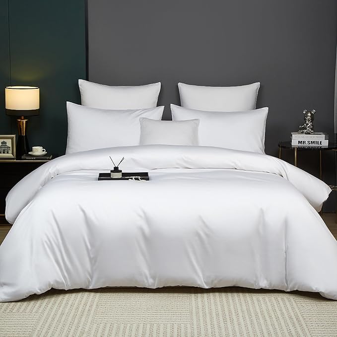 White Cotton Duvet Cover Set Queen 100% Long-Staple Cotton Sateen Bedding Set, Soft Breathable Smooth Organic Pure Cotton Plain Comforter Cover, Luxury Minimalist Bedroom Decor for All Season
