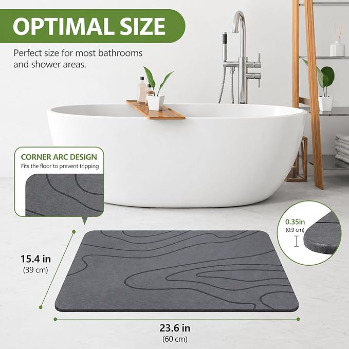 Stone Bath Mat – Non-Slip Diatomaceous Earth Shower Mat, Super Absorbent & Quick-Drying Bathroom Floor Mat, Easy-to-Clean Diatomite Bath Stone for Safer, Dryer Steps (23.6" x 15.4", Gray)