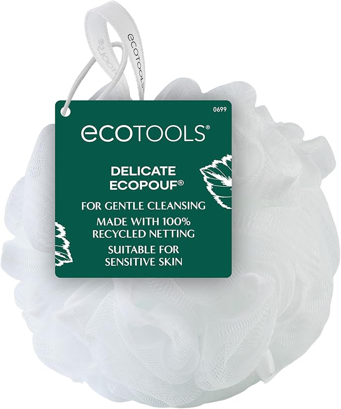 EcoTools Delicate EcoPouf Body Loofah, Gentle Exfoliating Shower Sponge for Sensitive Skin, 100% Recycled Netting Bath Pouf, 1 Count