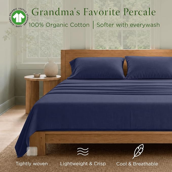 Threadmill Certified by GOTS Organic Cotton Sheets - Twin XL, 3 Piece, Folkstone Blue - Ultra Soft, Cooling and Breathable Bed Sheet Set - Lightweight and All-Round Elastic Deep Pocket
