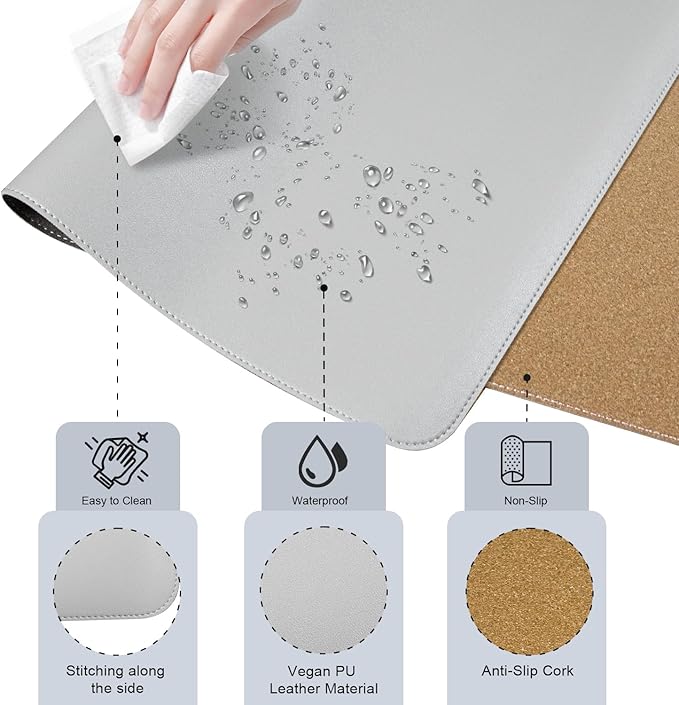 BLESWIN Large Desk Pad, 47.2'' x 23.6'', Office Desk Mat, Computer Mat for Desk, Leather Desk Pad Protector, Sewing Desk Blotter, Desktop Writing Pad for Office/Home/Decor Light Grey