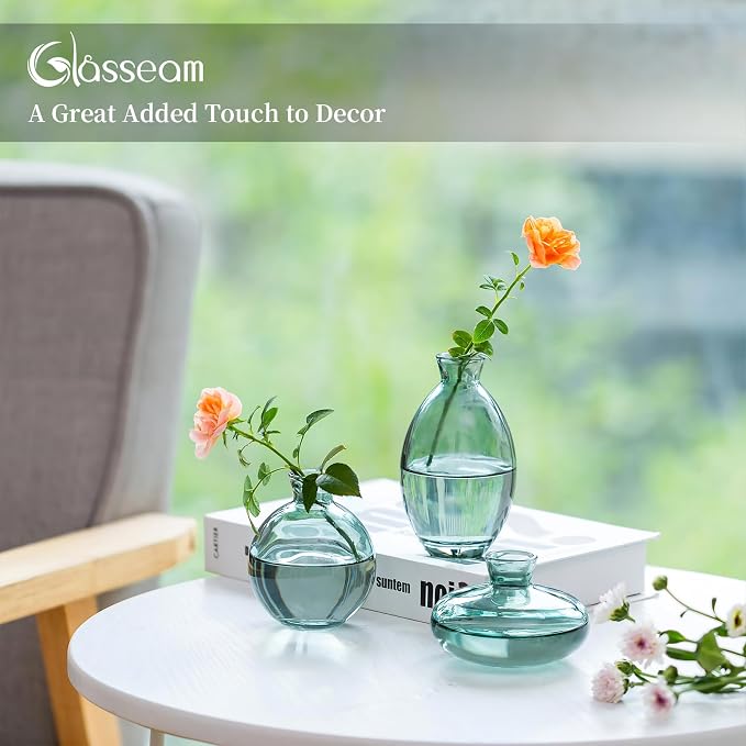 Glass Bud Vase for Centerpieces: 12Pcs Glasseam Green Mini Small Vases for Flowers Bulk Flower Vase Set Aesthetic Cute Handmade Tiny Short Wedding Table Centerpiece Decor