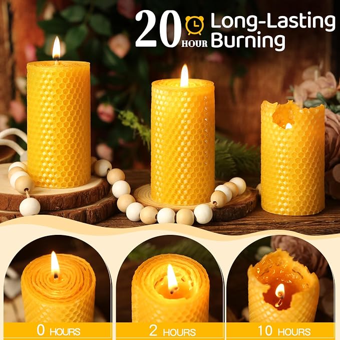 3 Pack Natural Beeswax Pillar Candles,Handmade Pure Beeswax Rolled Candle-60 Hours Long Burning,Honeycomb Bees Wax Candles for Home, Prayer,Dripless Smokeless Unscented Pillar Candle 2x4in