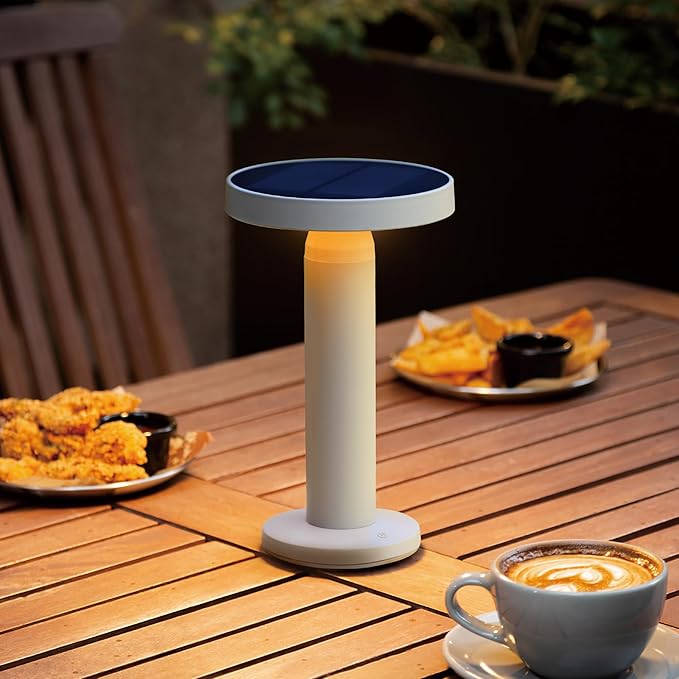 Round Solar Table Lamp – Portable LED Light with USB-C Charging & Solar Panel – Waterproof, Stepless Dimming for Outdoor/Indoor Use – Sand, 1 Pack