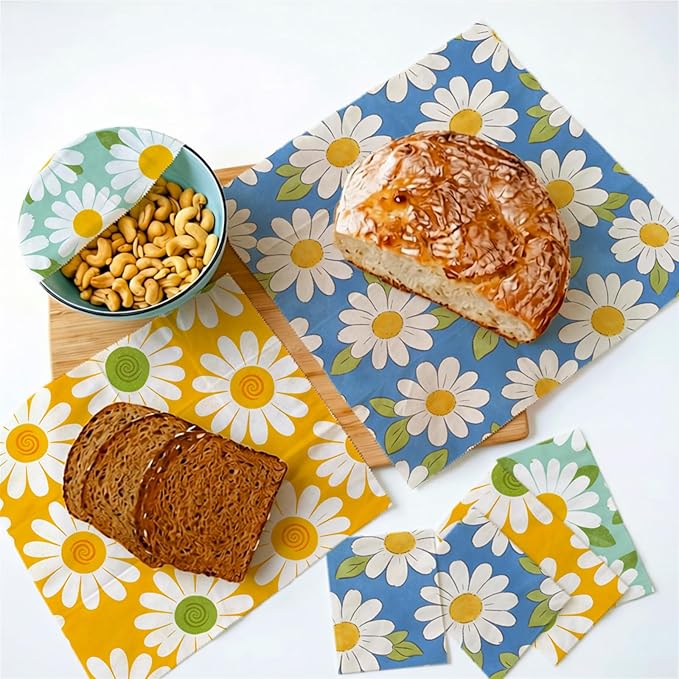 Reusable Beeswax Wraps, 9 Pack Eco-Friendly Food Storage, Organic, Sustainable, Zero Waste, Plastic-Free, Sandwich, Bread, Bowl Cover, 1XL, 3M, 5S, Blue Green Yellow Daisy Pattern