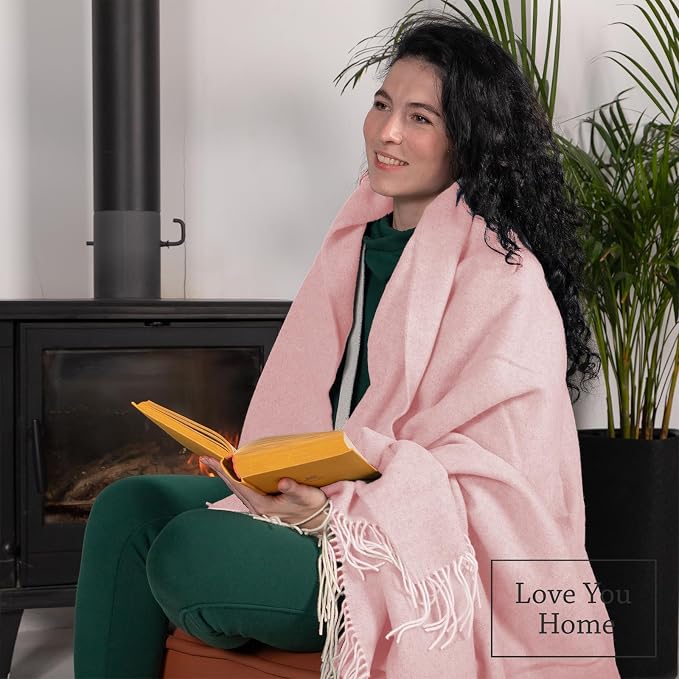 LYHome Cashmere Blanket with Merino - Luxury Wool Throw Soft Cozy and Warm, Decorative Throws Couch Bed Sofa, Warmest Blankets for Travel Camping & Cold Weather (55x79 | Pink with White Herringbone)