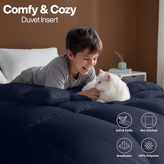 Utopia Bedding King Comforter Duvet Insert, Quilted Navy Comforter with Corner Tabs, Box Stitched Down Alternative Comforters King Size 90 x 102 inches