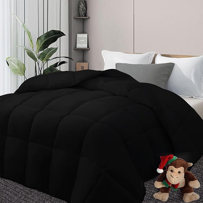 DOWNCOOL Comforters Full Size, Duvet Insert,Black All Season Duvet, Lightweight Quilt, Down Alternative Hotel Comforter with Corner Tabs (Black, Full 82x86 Inches)