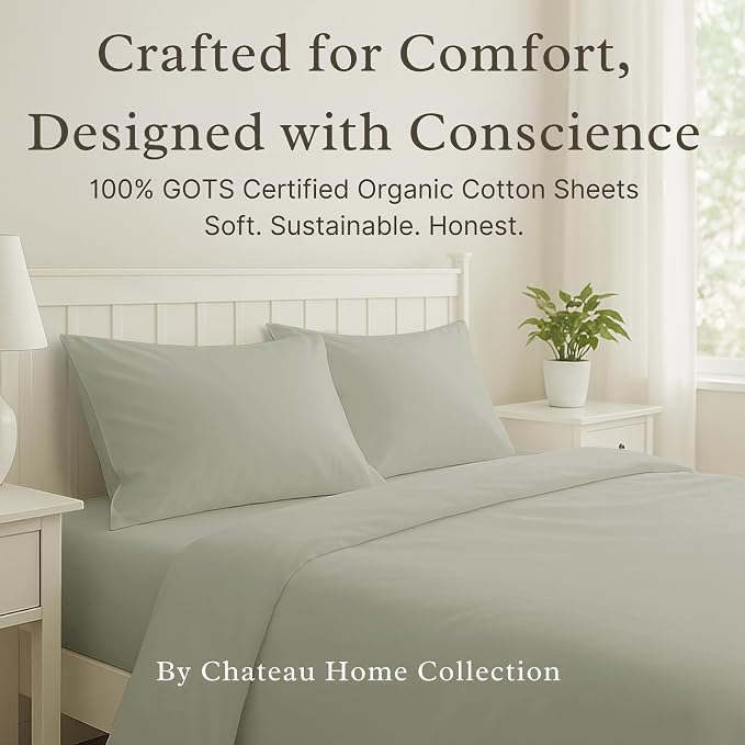 100% Organic Cotton Sheets For King Size Bed, 300 TC Luxury Sateen Weave, GOTS Certified 15" Deep Pocket King Sheet Set, Soft & Breathable, No Pill & Durable Sustainable Sheet & Pillowcase Sets - Sage