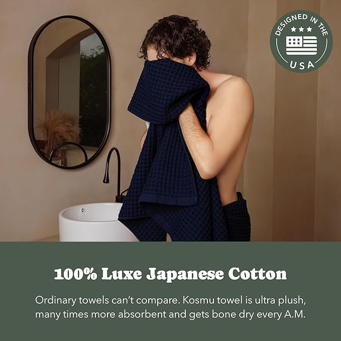 Luxury Organic Japanese Cotton Waffle Bath Towel | Thick, Absorbent, Quick Dry Bathroom Towels for Shower, Sauna, Onsen| Hotel & Spa Quality, Gift-Ready (Ocean Blue, Bath Sheet, 67" x 34")