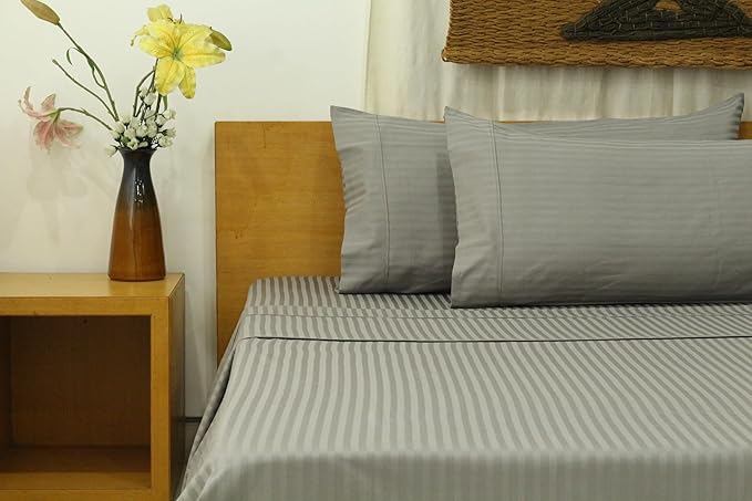 Organic Cotton Soft Sateen Stripe Bed Sheet Set - Luxury Hotel Quality - GOTS Certified - Deep Pocket - Easy Care - King (Steel Grey)