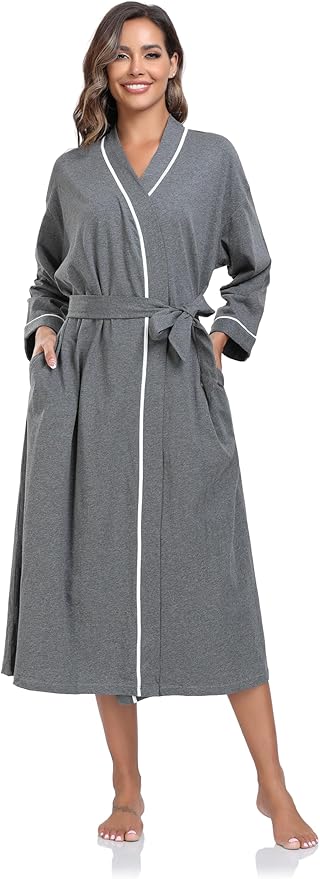 COLORFULLEAF 100% Cotton Women's Robes Summer Lightweight Kimono Soft Long Cotton Bathrobe for Women with Pockets
