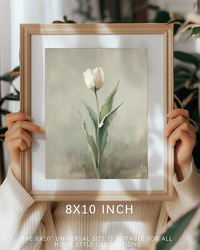 Vodefoad Vintage Neutral White Tulip Wall Art, Neutral White Tulip Wall Art, Minimalist Spring Flower Painting, Retro Botanical Print, Eater Farmhouse Decor for Gallery Home Bedroom Farmhouse Bedroom - 8x10Inch Unframe