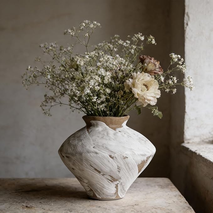 Wabi Sabi Vintage Vase, 6.3" Tall Wabi Sabi Decor Rustic Farmhouse Pottery Vase for Centerpiece, White Textured Pottery Flower Vase for Home Decorative, Table, Living Room, Bedroom, Bathroom, Kitchen