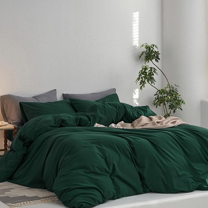 MooMee King Duvet Cover Set, 100% Washed Cotton Linen Like Twill Thick Sturdy Material Super Soft Breathable Durable Bedding for All Season, 3 Pieces (Forest Green, King 104"x90")