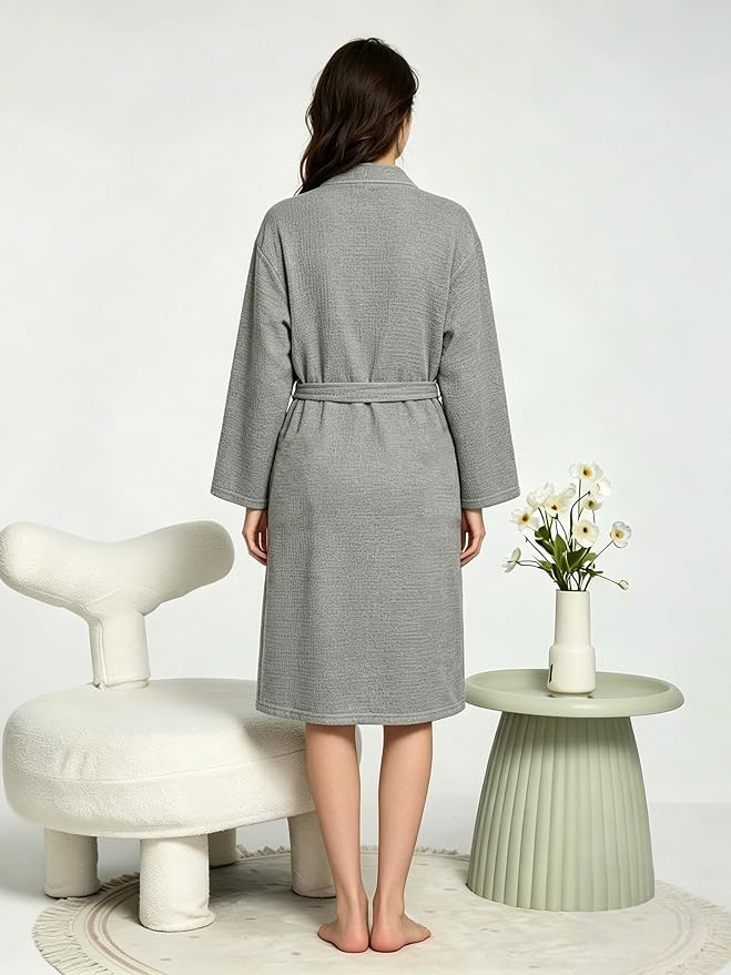 Waffle Robes for Women Knit Cotton Soft Spa Bathrobe | Lightweight Loungewear, Knee Length with Pockets, V Neck, Kimono, Absorbent, Breathable, Removable Belt