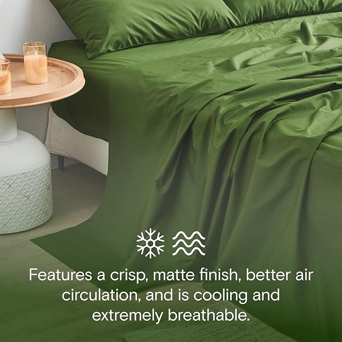 DOZ 100% GOTS Certified Organic Cotton Sheet Set, Crisp Percale Weave, Long Staple, Breathable, Matte Finish, Hotel Style, Durable, 4pc – 2 Pillowcases 1 Fitted 1 Flat (Forest, Queen)