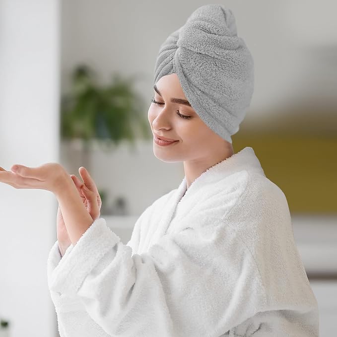 2 Pack Microfiber Hair Towel Wrap for Women Super Absorbent Quick Dry Hair Turban for Drying Curly, Long & Thick Hair 10 inch X 26 inch Lightgrey+Lightgrey