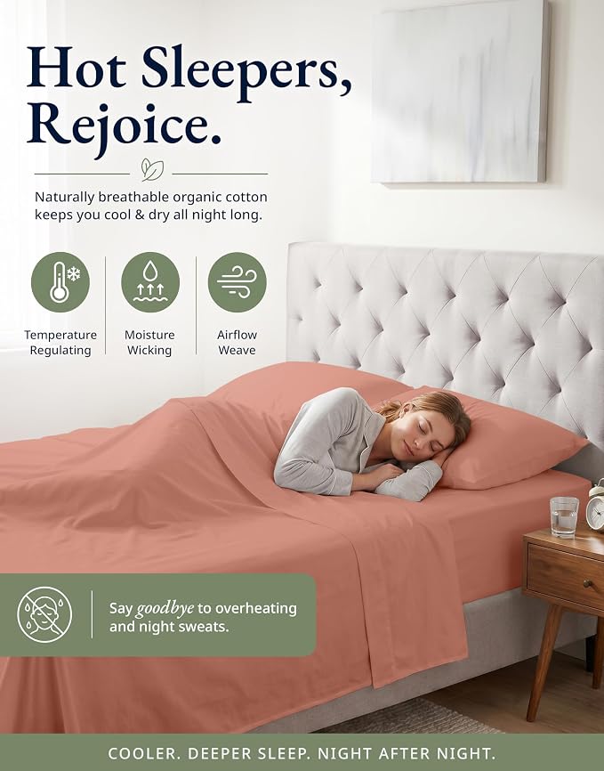 LANE LINEN 100% Organic Cotton Queen Size Fitted Sheet Only (+Pillowcases) 3-Piece Set Soft & Comfy Hotel Style Percale Weave Fully Elasticized Deep Pocket Queen Fitted 15" Deep - Rose Dawn
