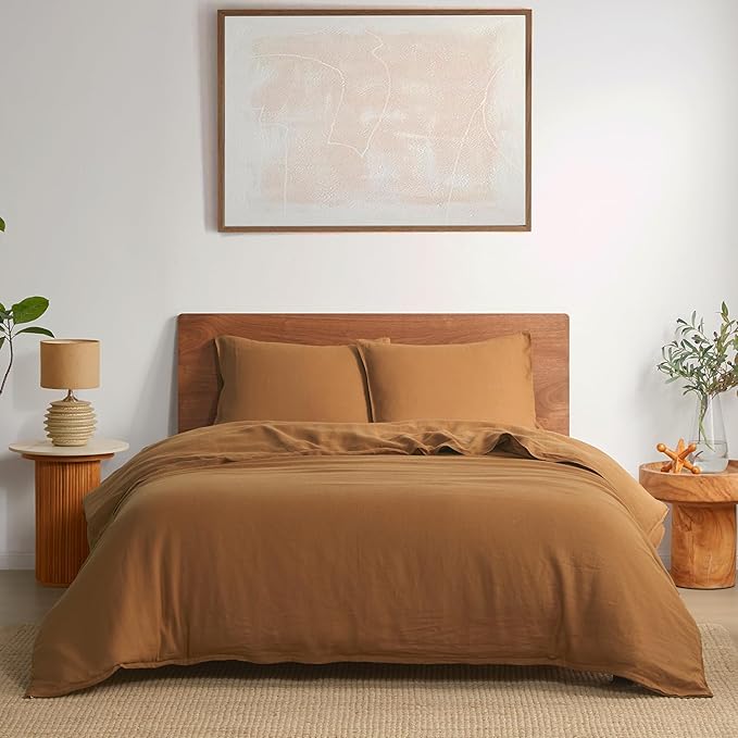 DAPU 100% Linen Duvet Cover Set - Pure Natural French Flax Linen with Corner Ties and Zipper Closure Soft Breathable Durable for Hot Sleepers 1 Duvet Cover 2 Pillowcases (Earthy Linen, King)