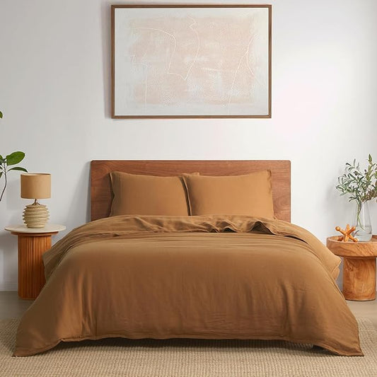 DAPU 100% Linen Duvet Cover Set - Pure Natural French Flax Linen with Corner Ties and Zipper Closure Soft Breathable Durable for Hot Sleepers 1 Duvet Cover 2 Pillowcases (Earthy Linen, King)