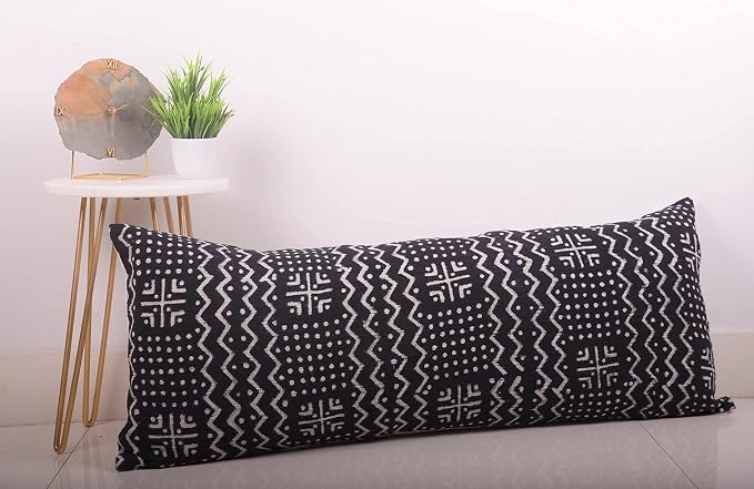 Trade Star Designer Body Pillow Cover 100% Cotton Throw Pilllow Cover Handmade Large Mudcloth Pillow Case Decorative Boho Style Cover for Farmhouse 14x36 Inches (Black, Alma)