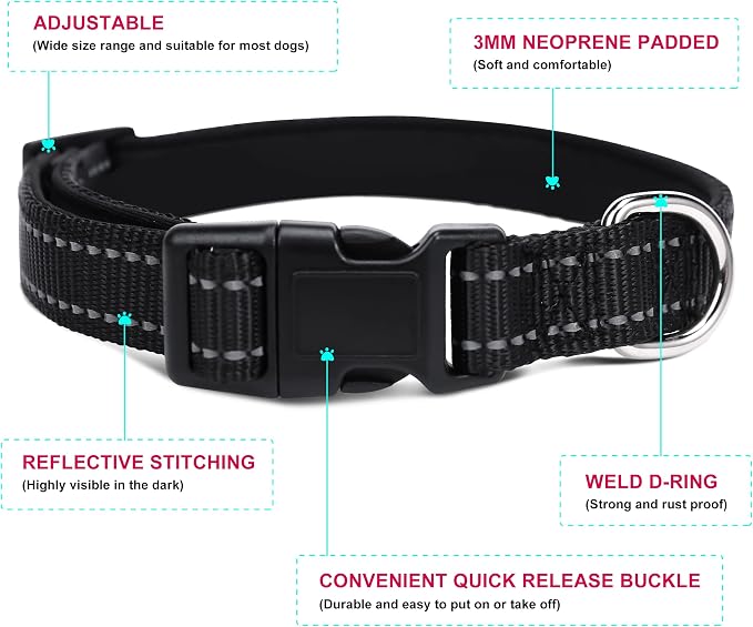 Soft Neoprene Padded Dog Collar and Leash Set for Small Medium Large Dogs, Reflective Durable Nylon Dog Collar with 5ft Leash Easy for Walking, Black,Neck fit 14.0-23.5’’