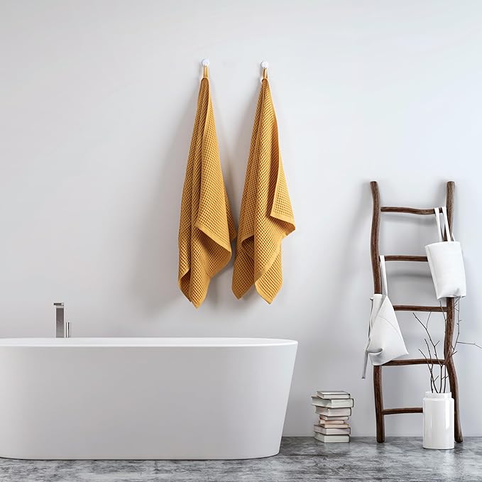 PÜSKÜL Pack of 2 Waffle Bath & Spa Towels - Premium 100% Turkish Organic Cotton - Quick Dry Thin Bath Towel for Bathroom - Made in Turkey (Mustrad Yellow, 32x63 inch)