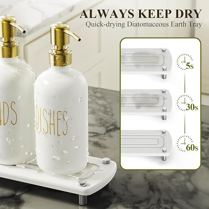 Cisily Kitchen Soap Dispenser Set Comes with Ceramics Sponge Holder, Gold Pumps, and Instant Dry Tray, Hand and Dish Soap Dispenser Set (5, Gold + White + Brush Holder + Sponge Holder)