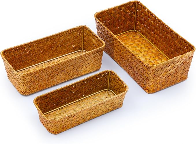 Seagrass Storage Basket, Stackable Open Woven Baskets Bins Container for Organizing Shelves Bedroom Living Room, Set of 3, Natural