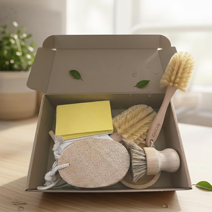 Gaia Guy Plastic-Free Dish Brush Set | 19-Piece Zero Waste Kitchen Cleaning Kit with Bamboo & Beech Wood Brushes, Cellulose Sponges, Natural Loofahs & Soap Holders | Eco Friendly Dishwashing Set