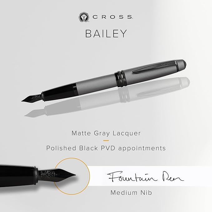 Cross Bailey Matte Gray Lacquer Fountain Pen with Polished Black PVD Appointments