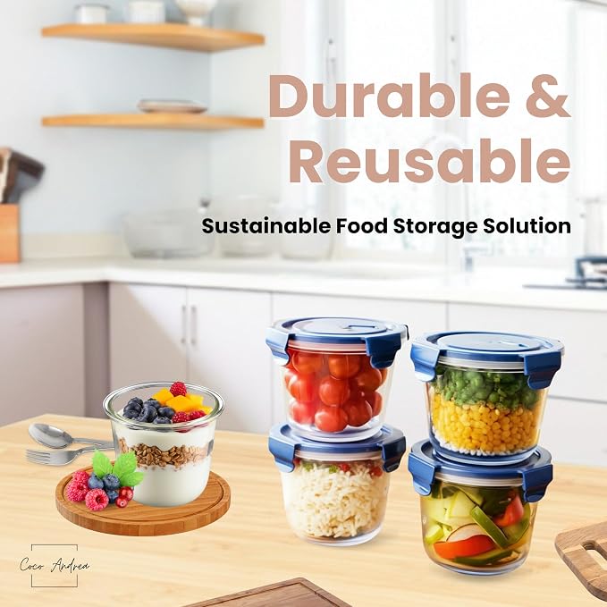 Coco Andrea Reusable Round Glass Meal Prep Containers With Lids (2 sets) - 25oz/ 3 Cup Glass Storage Containers With Lids - Airtight Microwave Safe Lunch & Soup Containers Glass - Ideal for Meal Prep