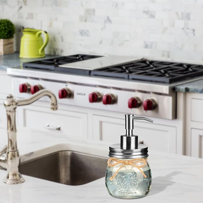 Amolliar 10 OZ Mason Jar Liquid Soap Dispenser, Stainless Steel Pump, Cute Farmhouse Decor for Kitchen, Refillable Hand Soap Dispenser, Silver 1 Pack With Amber Glass Qtip Holder, Apothecary Jar 2Pack