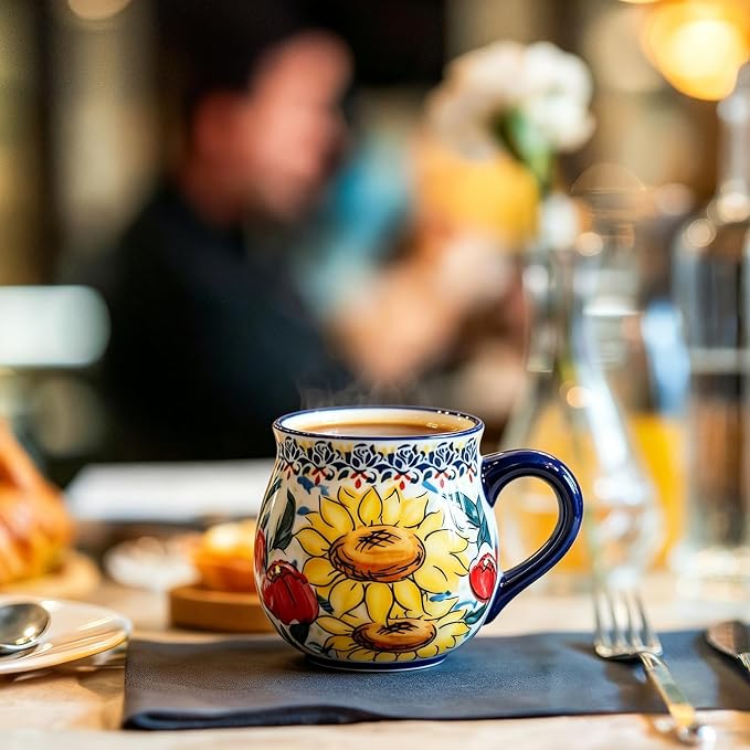 ALMA 12oz Handpainted Sunflower Ceramic Coffee Mug | Microwave & Dishwasher Safe, For Breakfast Nook, Dining Table, Home Office & Display, Ideal for Homemakers & Mom