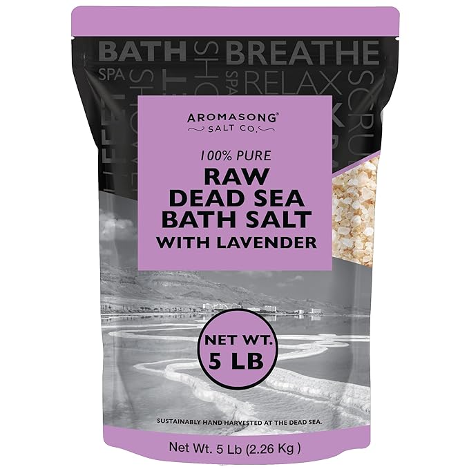 Aromasong Pure Raw Dead Sea Salt for Soaking with 100% Natural Lavender, 5 LB - Spa Bath Salt Fine Grain - Body Wash Scrub - Soak for Women & Men- Bulk Resealable Pack