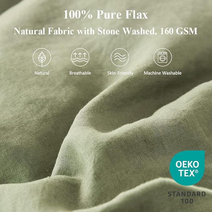 Simple&Opulence 100% Linen Duvet Cover Set 3pcs with Bowknot Ties Closure Natural French Washed Flax Solid Color Soft Breathable Farmhouse Bedding - Sage Green, King Size