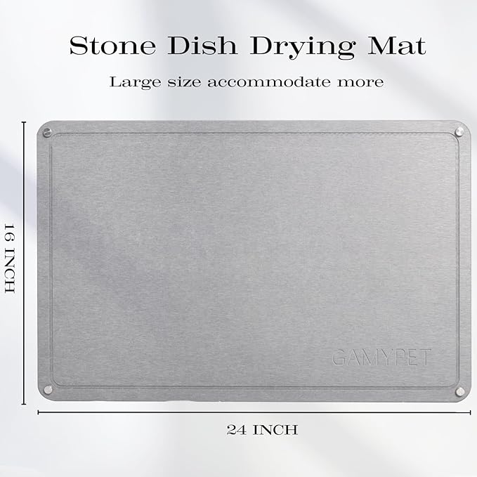 Stone Dish Drying Mat 24"×16" Large Diatomaceous Earth Dishes Quick Dry Pad for Kitchen Counter with Heighten Stainless Steel Feet, Fits Various Countertops & Drain Bowl Racks, Light Gray