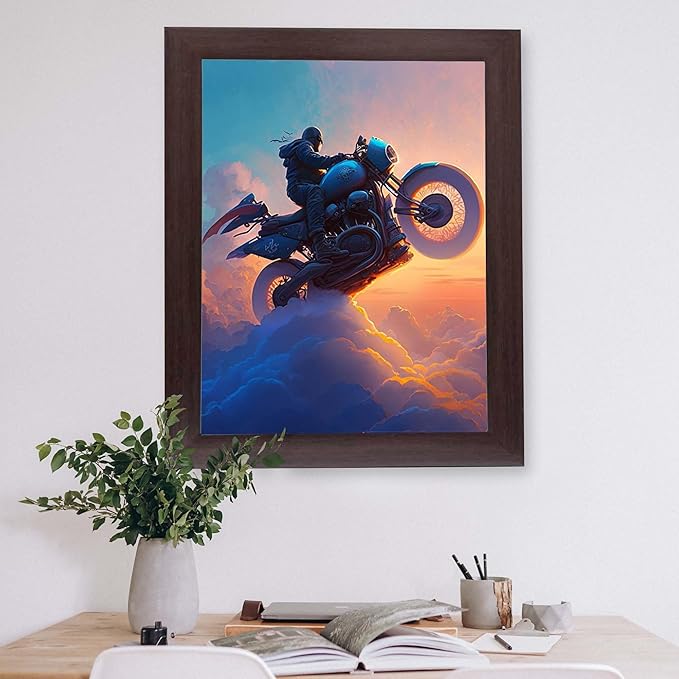 InkFlow Posters Motorcycle Rider Poster - Futuristic Biker in the Clouds - Surreal Sunset Art for Living Room, Bedroom, Home - Adventure-Themed Graphic Print - 8x10 Unframed Canvas Print