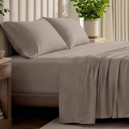 Bare Home 100% Organic Cotton T-Shirt Fabric Sheet Set, Ultra Soft, 100% Cotton Jersey - Sheet Set & Pillowcases - Deep Pocket Bed Sheets (King, Taupe)