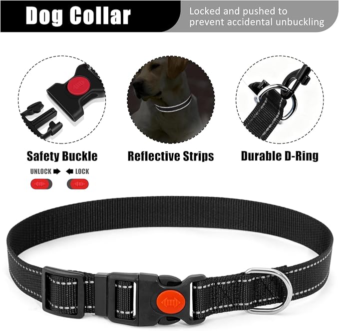No Pull Dog Harness Adjustable Collar & Leash Set - Dog Halter Harnesses Collapsible Bowls & Poop Bag Dispenser Muzzle ID Tags Toys Fits Small Medium Large Dogs (Black-XL)