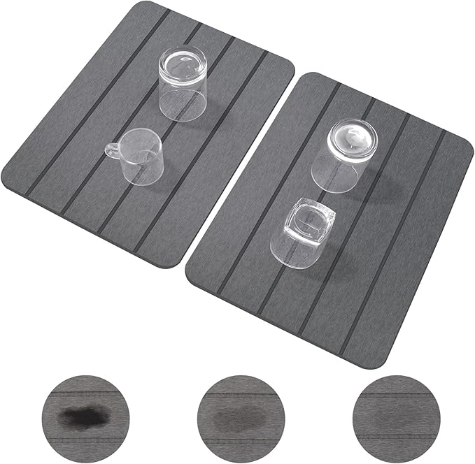 Stone Drying Mat for Kitchen Counter, 2-Pack 16"x12" Fast Drying Stone Dish Mat, Double-Sided Diatomaceous Earth Dish Drying Mat, Highly Absorbent Eco-Friendly Kitchen Mat (Gray, Vertical Stripes)