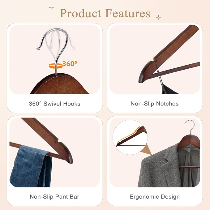 ZENY Premium Wooden Hangers 50 Pack, Coat Hangers with 360-Degree Rotatable Hook, Clothes Hangers for Suit, Shirts, Jackets, Dress, Pant (Brown)
