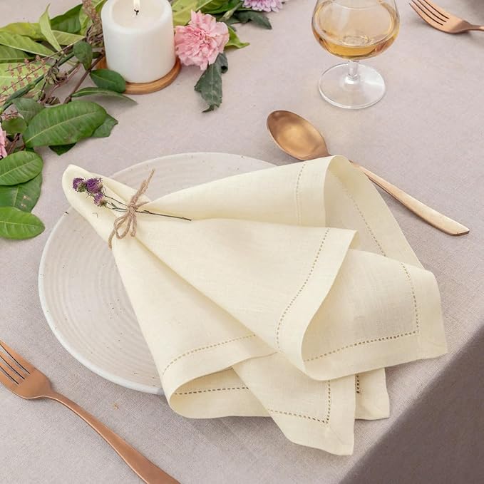 Signature Linen™ by D'Moksha Ivory Dinner Napkins Set of 8, 20 x 20 Inch Cloth Napkins, 100% Pure Linen, Hemstitch, Machine Washable Table Napkins- Summer, Father's Day