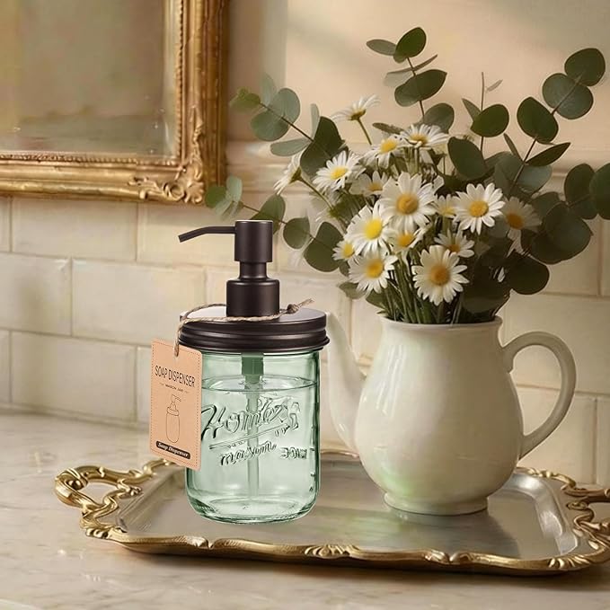 SheeChung 16Oz Mason Jar Green Glass Soap Dispenser, Stainless Steel Pump, Refillable Dish soap Dispenser for Kitchen, Bathroom Hand Soap Dispenser for Lotion, Liquid, Farmhouse Decor (Bronze, 2 Pack)
