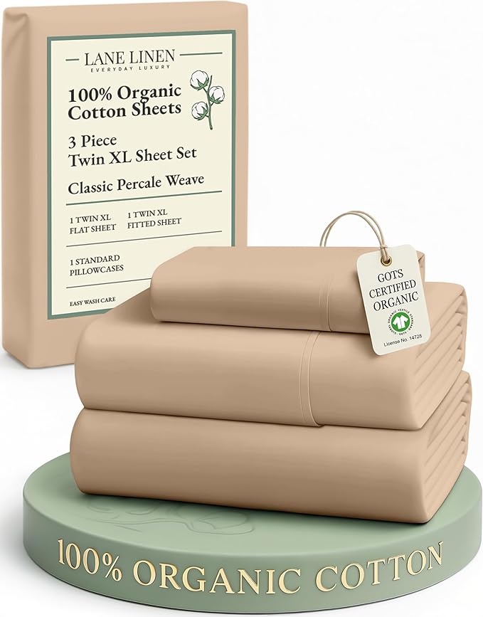 LANE LINEN 100% Organic Cotton Twin XL Sheets Set, Fully Elasticized Bed Sheets Set Twin XL Size Perfetct for Hospital beds, Deep Pocket Soft & Comfy Sheets Set Twin XL Size-Taupe
