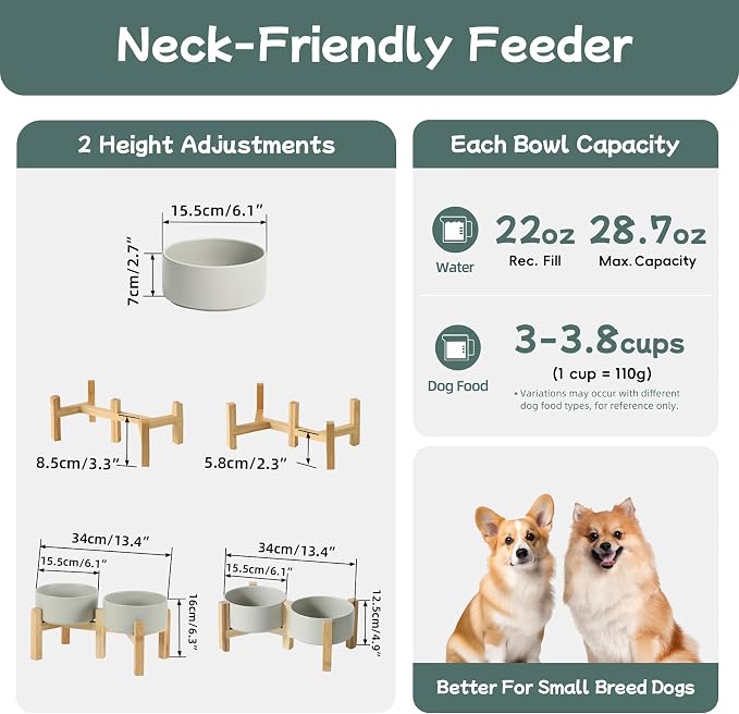 Havniva 6.1” Dog Bowls Elevated Ceramic Dog Food and Water Bowl Set, Double Raised Dog Water Bowl with Stand Non-Slip Rubber Base Two Heights Large Capacity Feeding Pet Food Bowl for Small Dogs