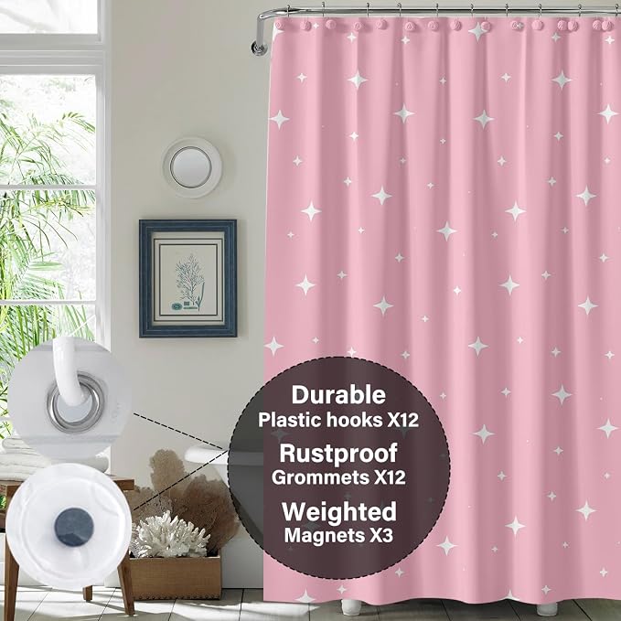 Plastic Shower Liner - Premium EVA 5G Shower Curtain Liner with Rustproof Grommets and 3 Weighted Magnets, Waterproof Shower Curtains for Bathroom (Pink Star, 72" x 72")