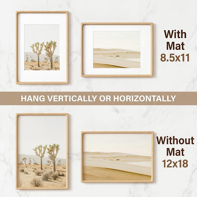 12x18 Poster Frame, USA-Sourced Beech Wood Picture Frame with HD Tempered Glass, Handcrafted Rounded Corner 12 x 18 Wooden Frames Matted to 8.5x11 Photos, Horizontal or Vertical Wall Display