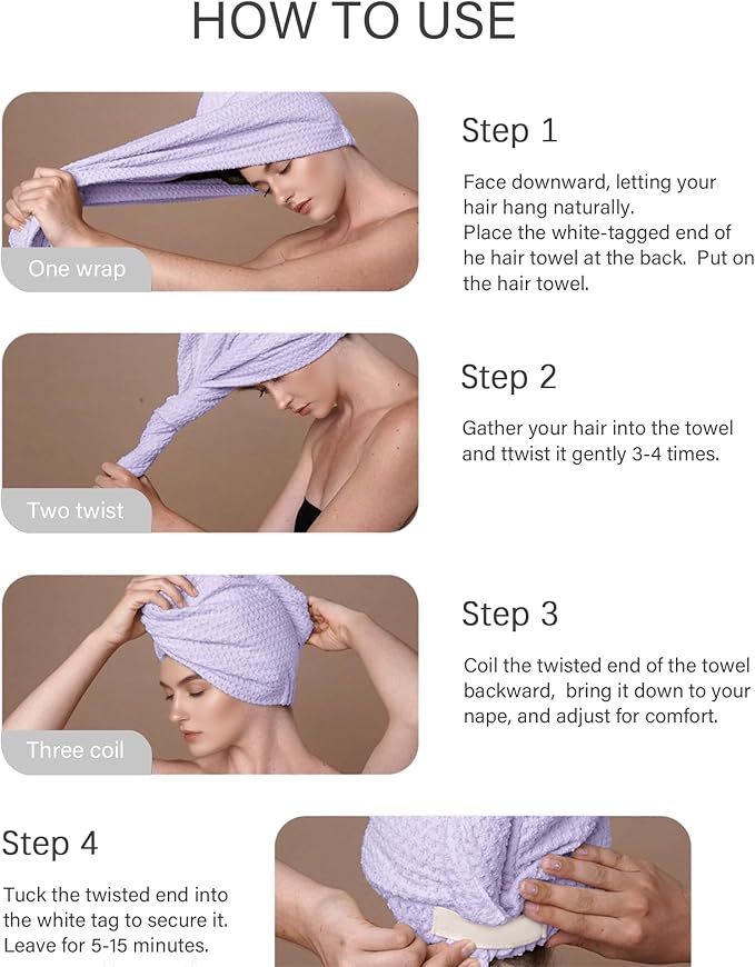 ROLSHOL 2 Pack Microfiber Hair Towel Wrap for Women, 32" x 11" Waffle Weave Hair Plopping Towel for Curly, Long & Thick Hair, Anti-Frizz Hair Turbans for Wet Hair (Deep Purple,Light Purple)